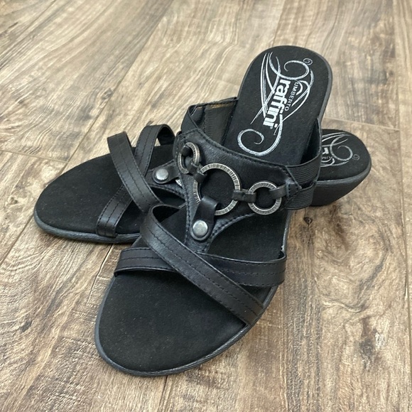 Umberto Raffini Shoes - Umberto Raffini Amalia Black Leather low wedge slide sandal with silver hardware